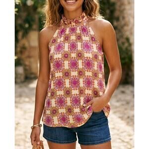 Vintage-inspired Sleevless High Neck Top Ruffles Geometric, Boho, Floral, Size M